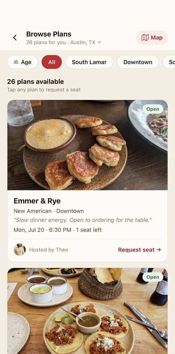 The Reserv app showing open dinner plans in Austin — each one a real restaurant, date, and time you can request to join.